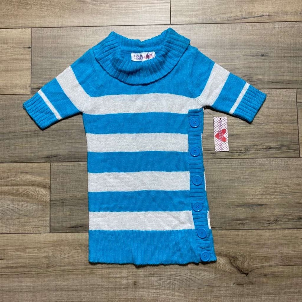 Derek Heart Girls Cowl Neck Striped Sweater Dress L/6 Turquoise Whiteโ Silver